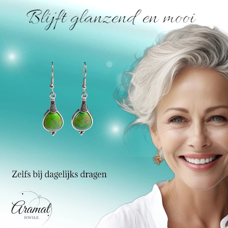 Boho Druppel Oorhangers &acirc;&euro;&ldquo; Groen Gemarmerde Steen &acirc;&euro;&ldquo; 52x15mm -