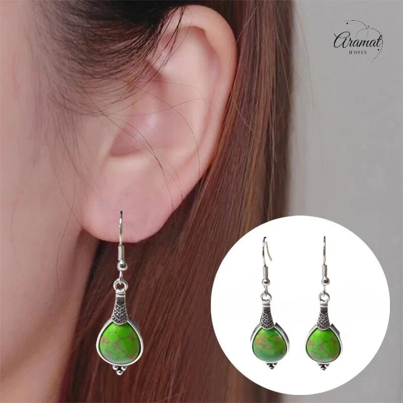 Boho Druppel Oorhangers &acirc;&euro;&ldquo; Groen Gemarmerde Steen &acirc;&euro;&ldquo; 52x15mm -