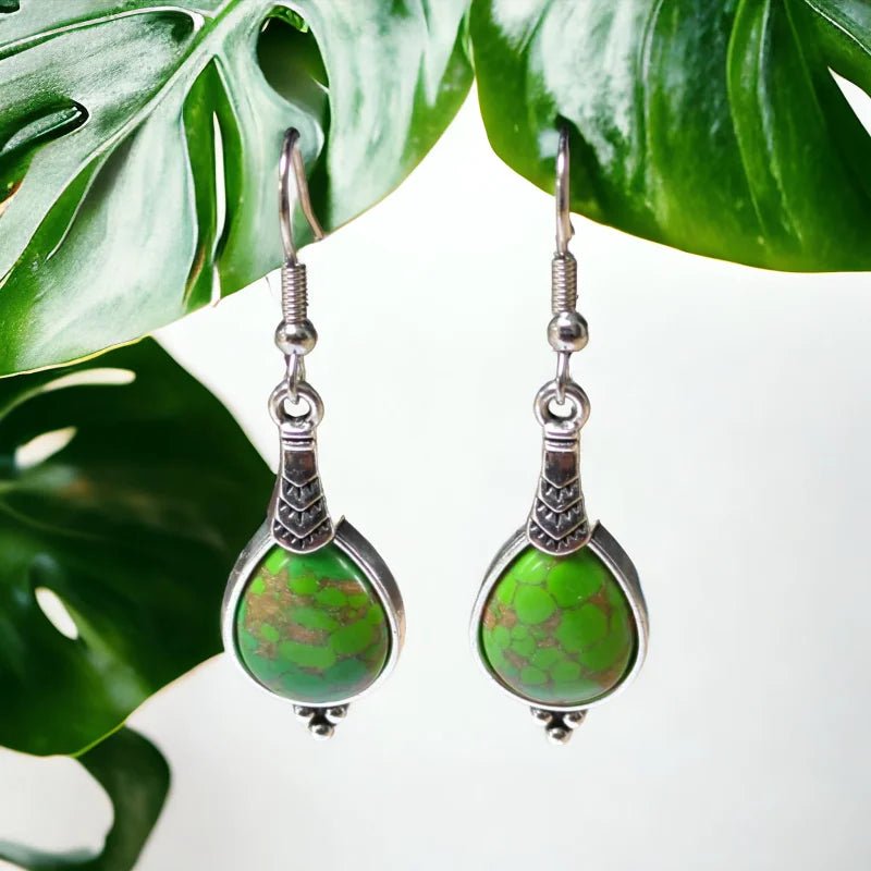 Boho Druppel Oorhangers &acirc;&euro;&ldquo; Groen Gemarmerde Steen &acirc;&euro;&ldquo; 52x15mm -