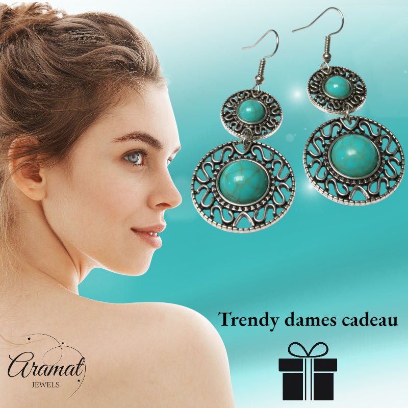 Boho Oorhangers Turquoise Steen 62mm -