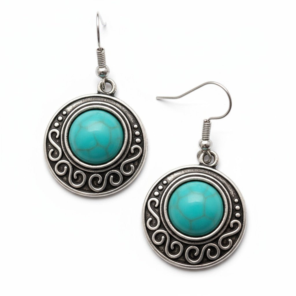 Boho Turquoise Gemarmerde Oorhangers Antiek Zilver -
