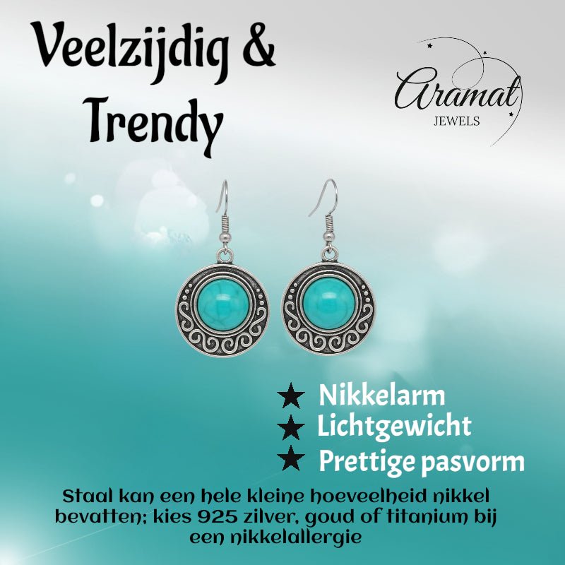 Boho Turquoise Gemarmerde Oorhangers Antiek Zilver -