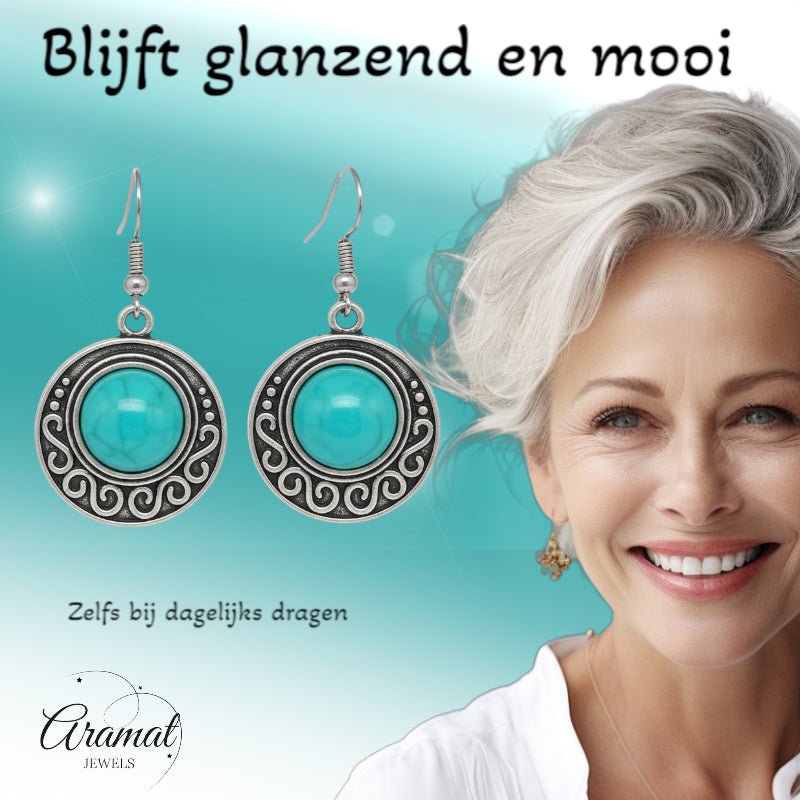Boho Turquoise Gemarmerde Oorhangers Antiek Zilver -