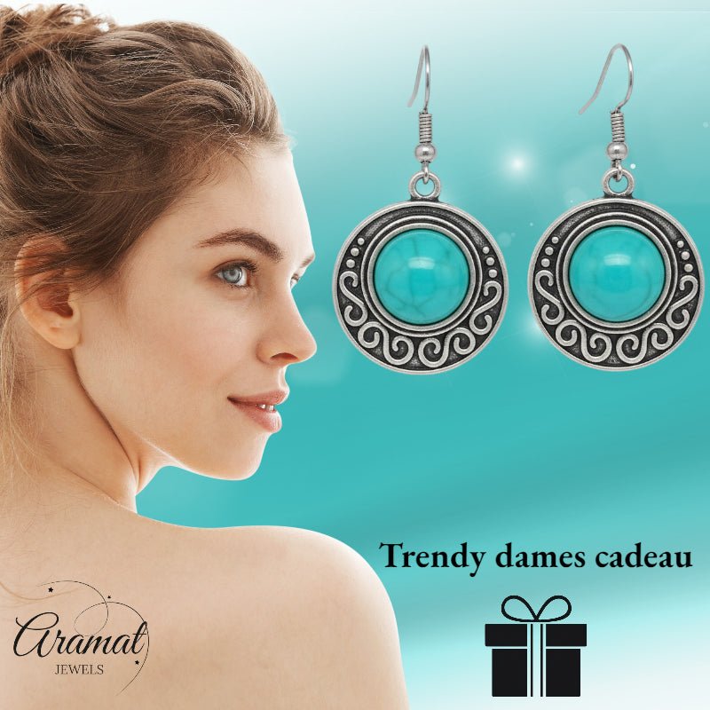 Boho Turquoise Gemarmerde Oorhangers Antiek Zilver -