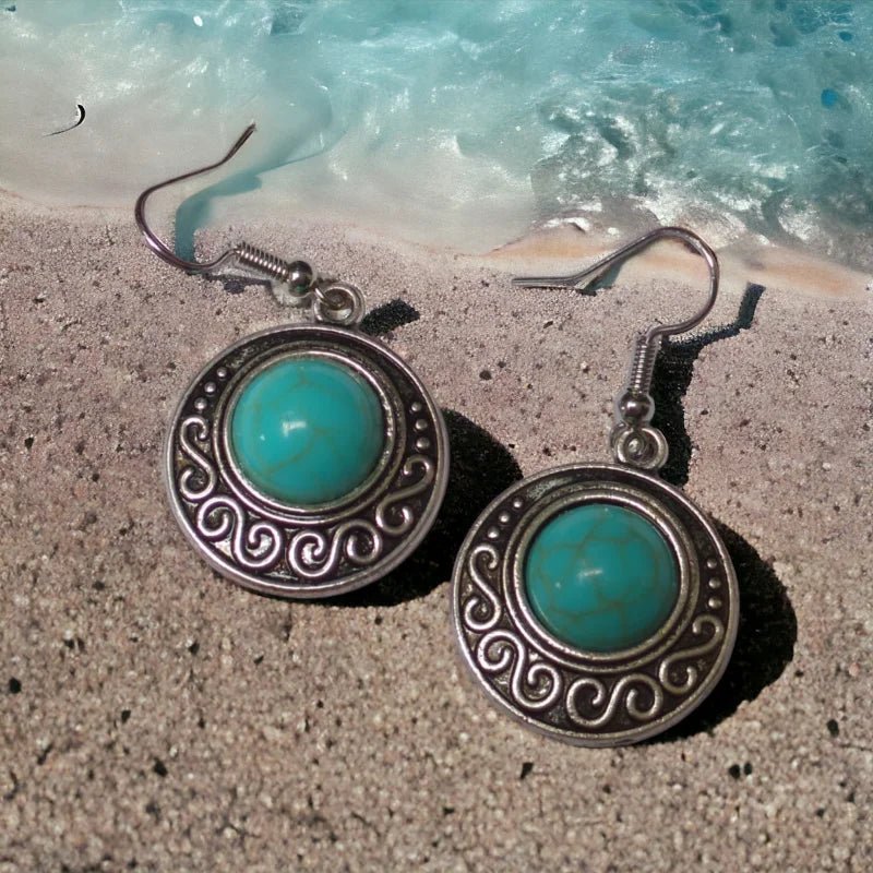 Boho Turquoise Gemarmerde Oorhangers Antiek Zilver -