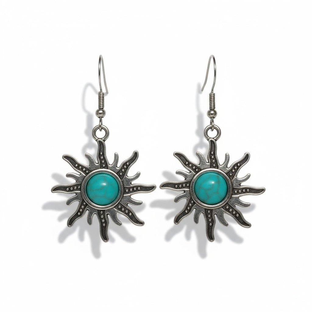 Turquoise Boho Oorhangers Zonvorm Antiek Zilver -
