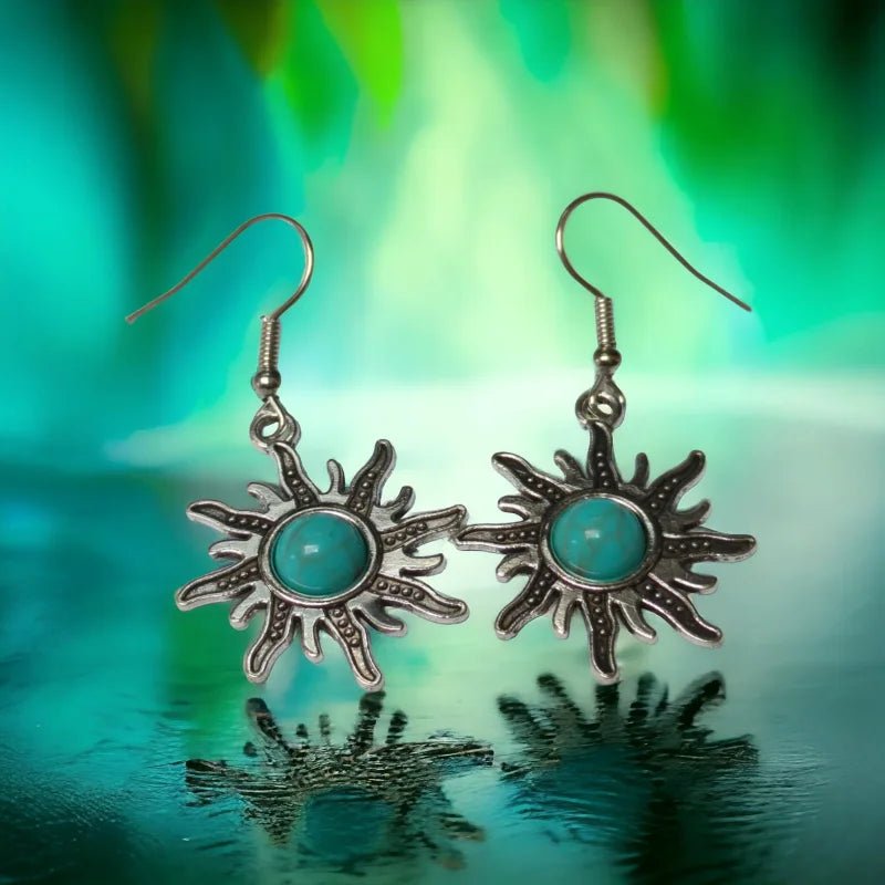 Turquoise Boho Oorhangers Zonvorm Antiek Zilver -