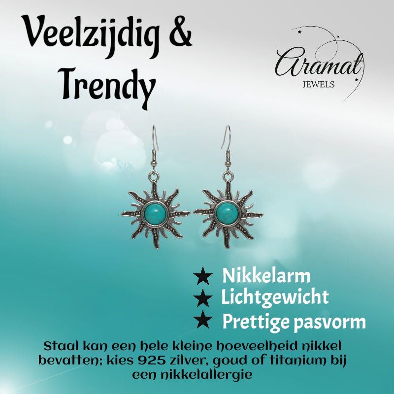 Turquoise Boho Oorhangers Zonvorm Antiek Zilver -