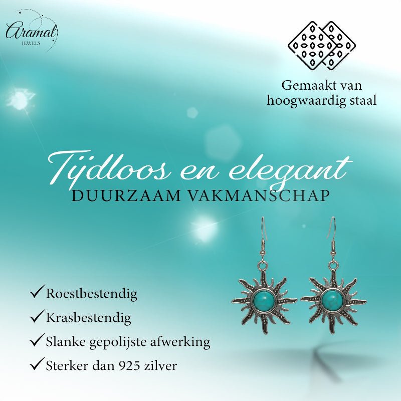 Turquoise Boho Oorhangers Zonvorm Antiek Zilver -