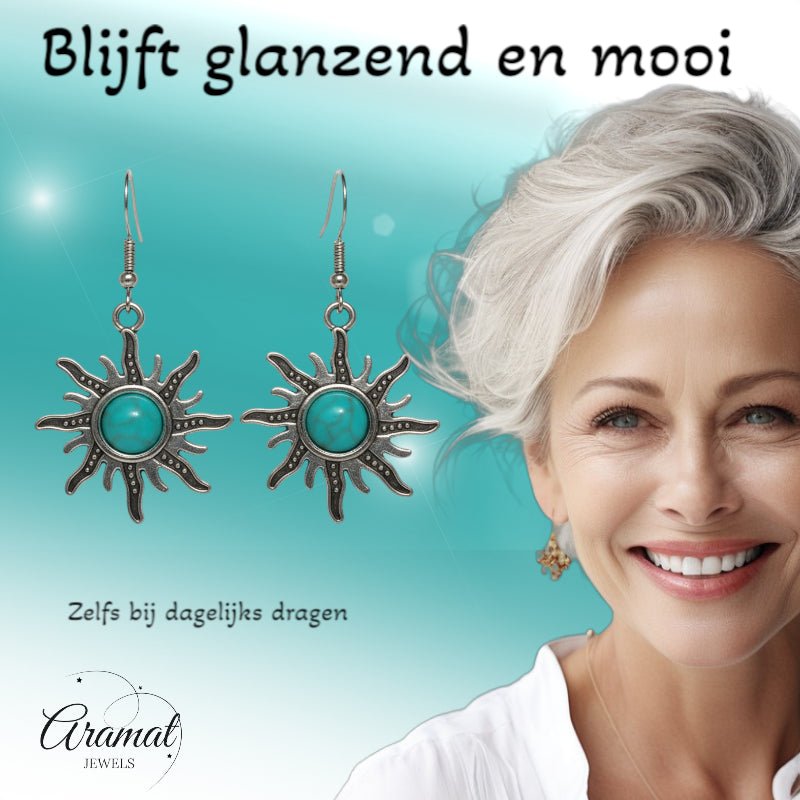 Turquoise Boho Oorhangers Zonvorm Antiek Zilver -