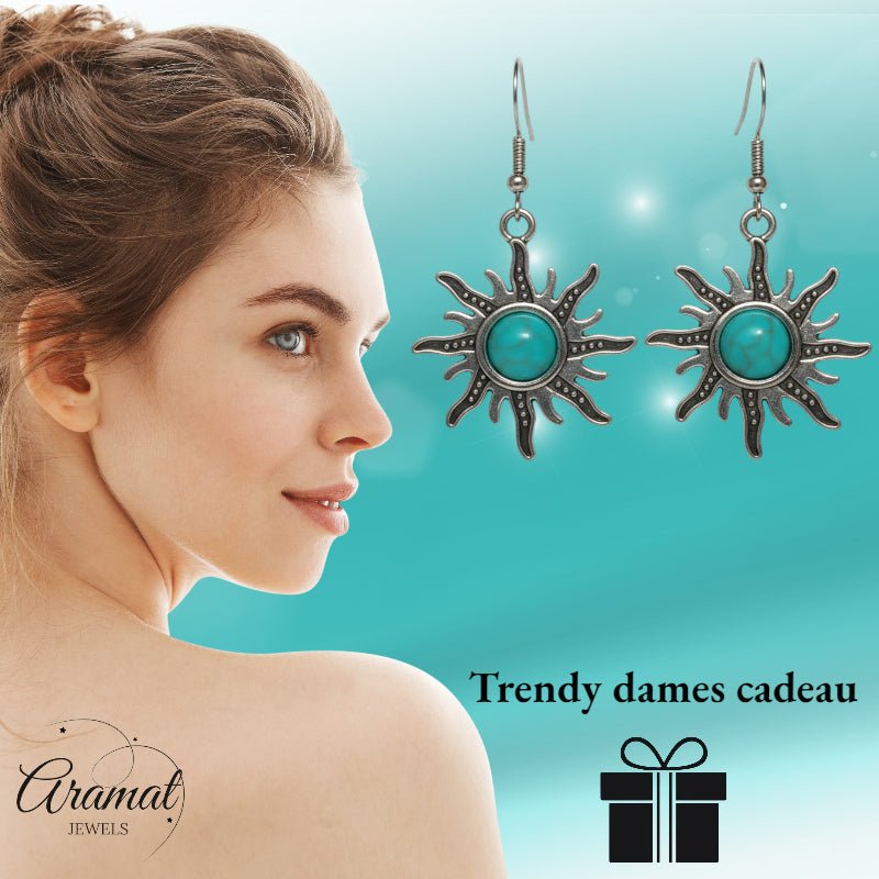 Turquoise Boho Oorhangers Zonvorm Antiek Zilver -