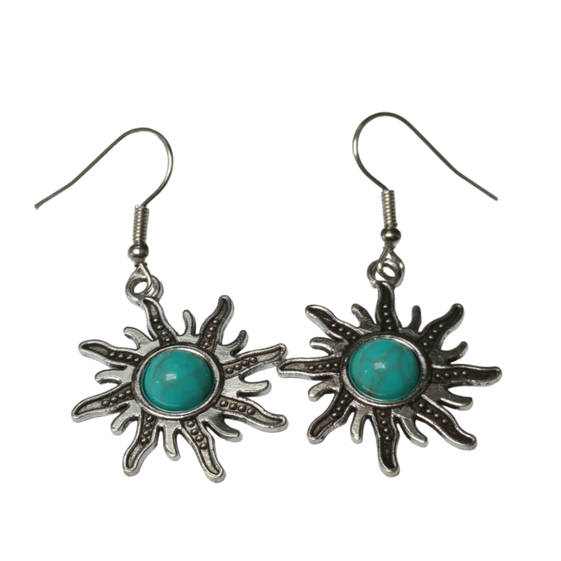 Turquoise Boho Oorhangers Zonvorm Antiek Zilver -