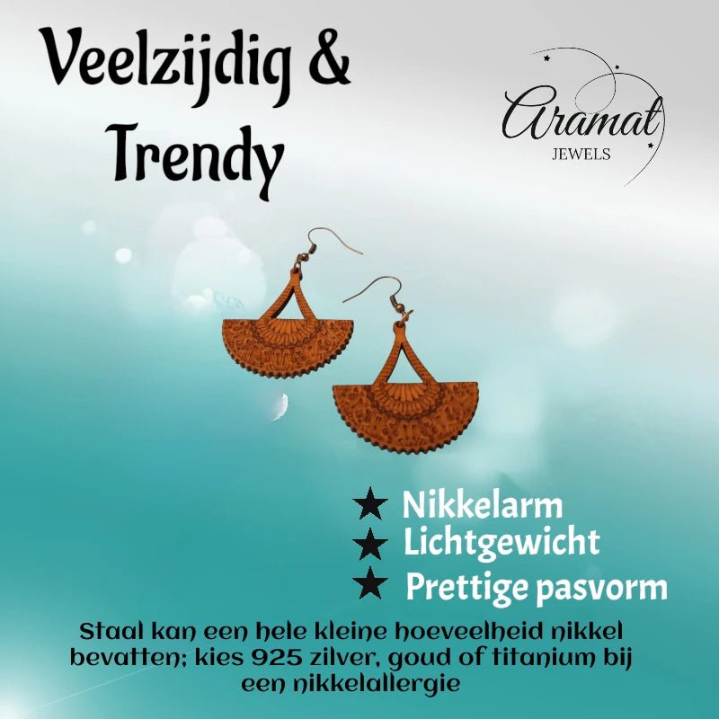 Oorbellen &acirc;&euro;&ldquo; Elegante Houten Oorhangers Waaiervorm Bruin Opgewerkt Motief Dames -
