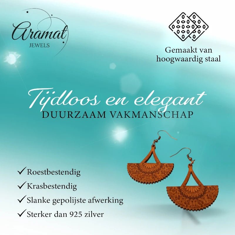 Oorbellen &acirc;&euro;&ldquo; Elegante Houten Oorhangers Waaiervorm Bruin Opgewerkt Motief Dames -