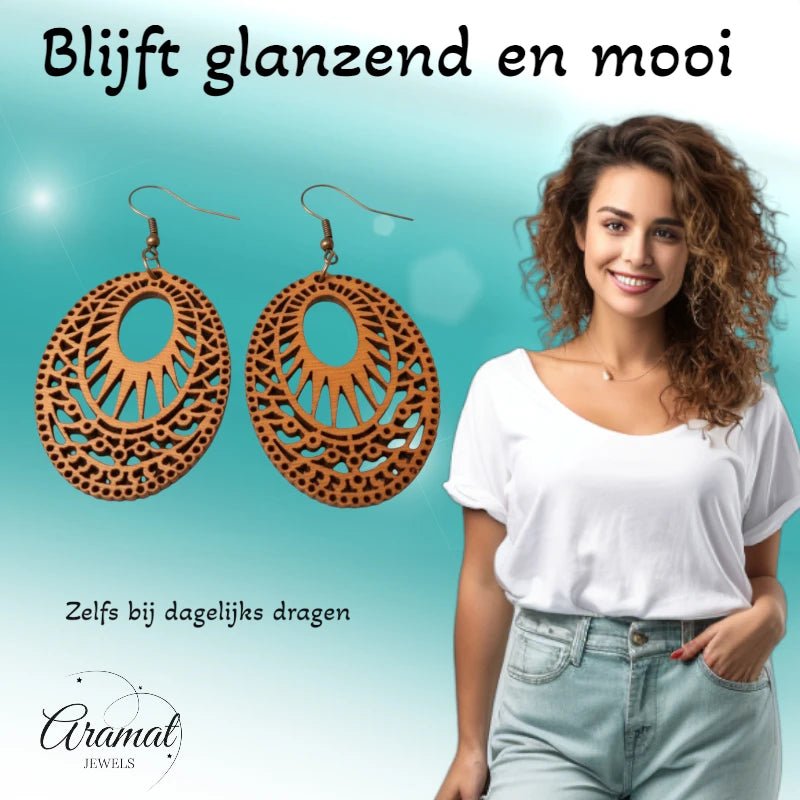 Oorbellen &acirc;&euro;&ldquo; Elegante Houten Oorhangers Ovaalvorm Bruin Opgewerkt Motief Dames -