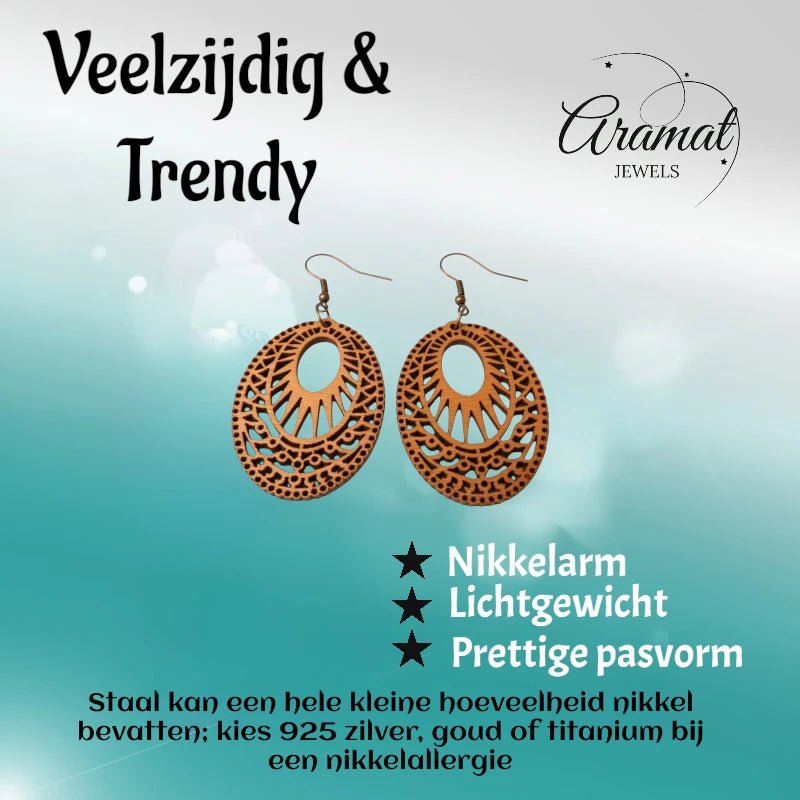 Oorbellen &acirc;&euro;&ldquo; Elegante Houten Oorhangers Ovaalvorm Bruin Opgewerkt Motief Dames -