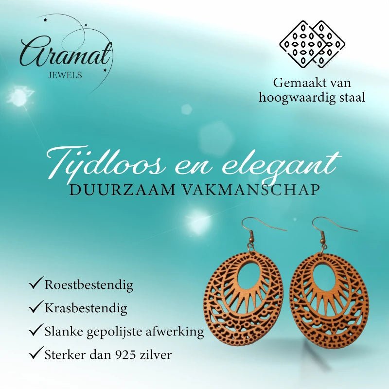 Oorbellen &acirc;&euro;&ldquo; Elegante Houten Oorhangers Ovaalvorm Bruin Opgewerkt Motief Dames -