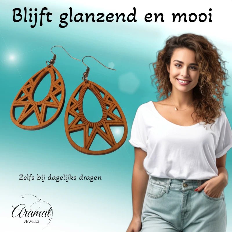 Oorbellen &acirc;&euro;&ldquo; Elegante Houten Oorhangers Druppelvorm Bruin Opgewerkt Motief Dames -