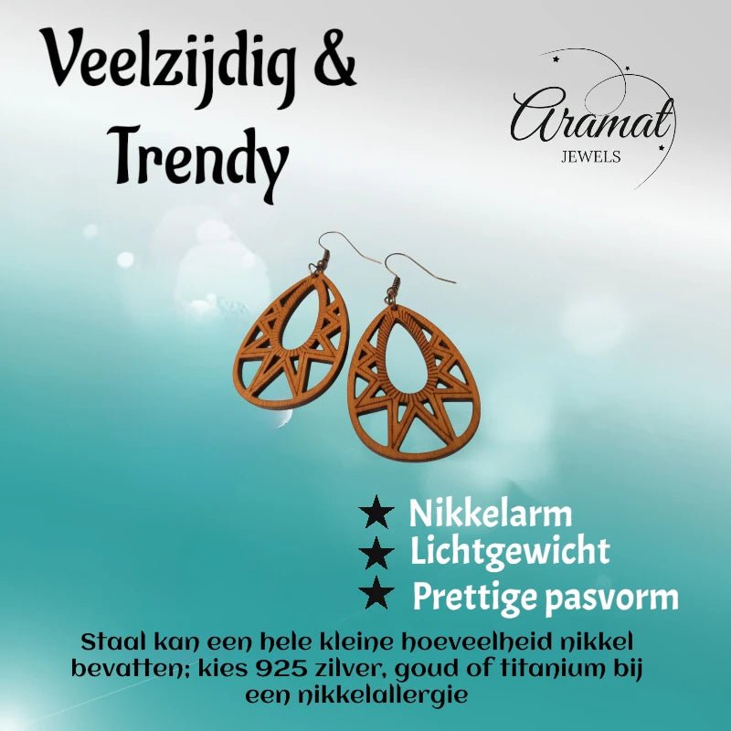 Oorbellen &acirc;&euro;&ldquo; Elegante Houten Oorhangers Druppelvorm Bruin Opgewerkt Motief Dames -