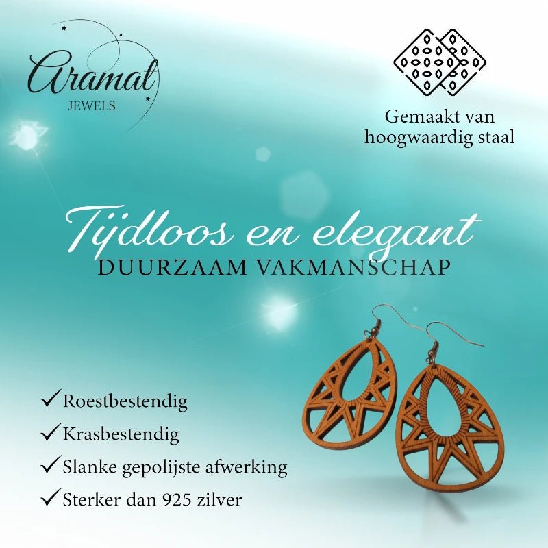 Oorbellen &acirc;&euro;&ldquo; Elegante Houten Oorhangers Druppelvorm Bruin Opgewerkt Motief Dames -