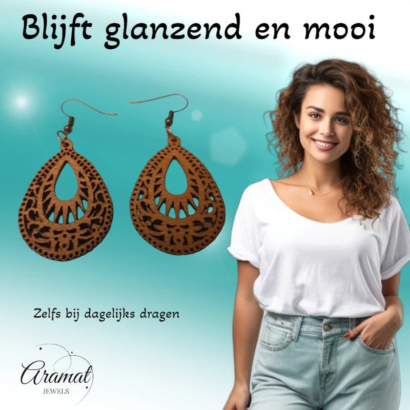 Oorbellen &acirc;&euro;&ldquo; Elegante Houten Oorhangers Druppelvorm Bruin Uitgewerkt Motief Dames 