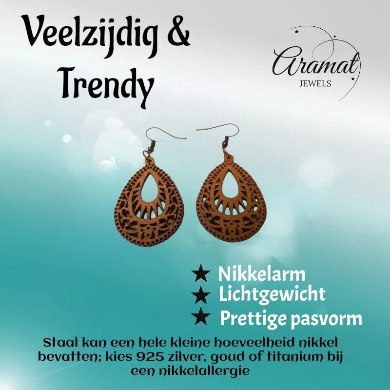 Oorbellen &acirc;&euro;&ldquo; Elegante Houten Oorhangers Druppelvorm Bruin Uitgewerkt Motief Dames 