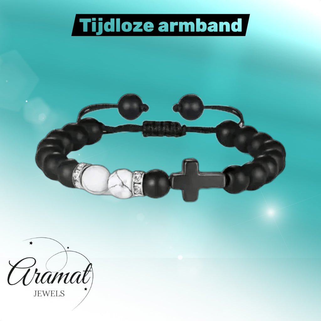 Verstelbare Zwarte Steen Armband Met Howliet - Unisex