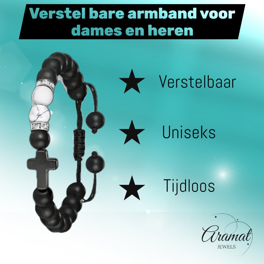 Verstelbare Zwarte Steen Armband Met Howliet - Unisex