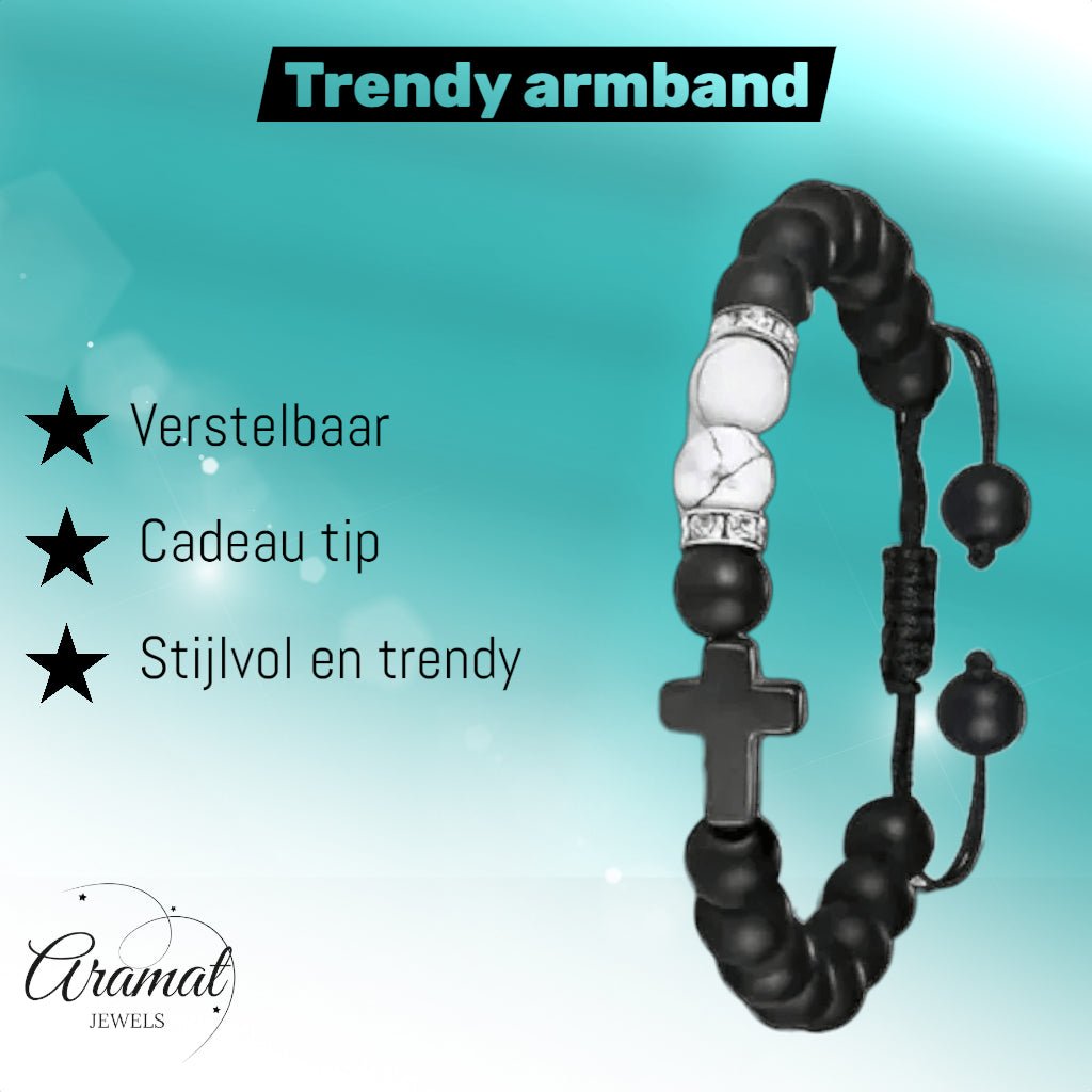 Verstelbare Zwarte Steen Armband Met Howliet - Unisex