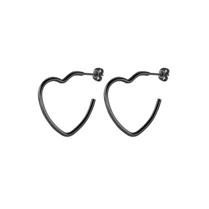 Zwarte Hartvormige Hoepel Oorstekers 20mm - Zwart / 20mm -