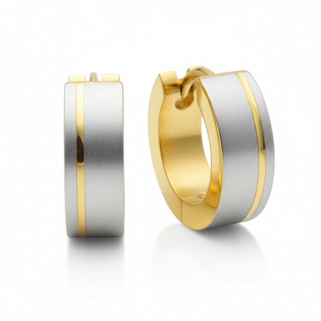 Bicolor RVS Oorringen met Mat Zilver en Goudkleurige Streep 13mm -