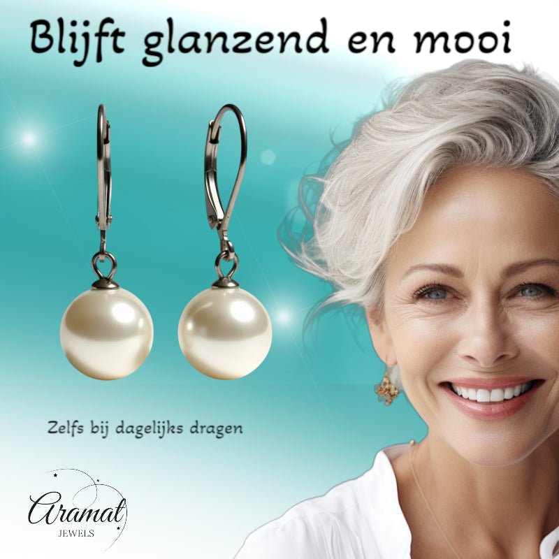Oorhangers &acirc;&euro;&ldquo; RVS met Ronde Witte Parel (27mm) -