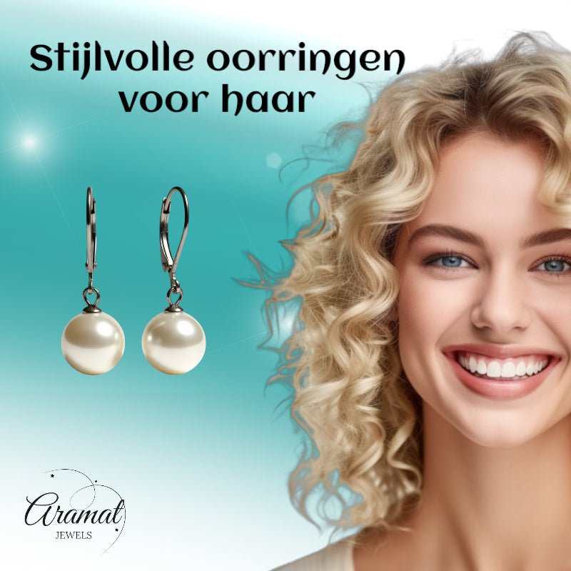 Oorhangers &acirc;&euro;&ldquo; RVS met Ronde Witte Parel (27mm) -