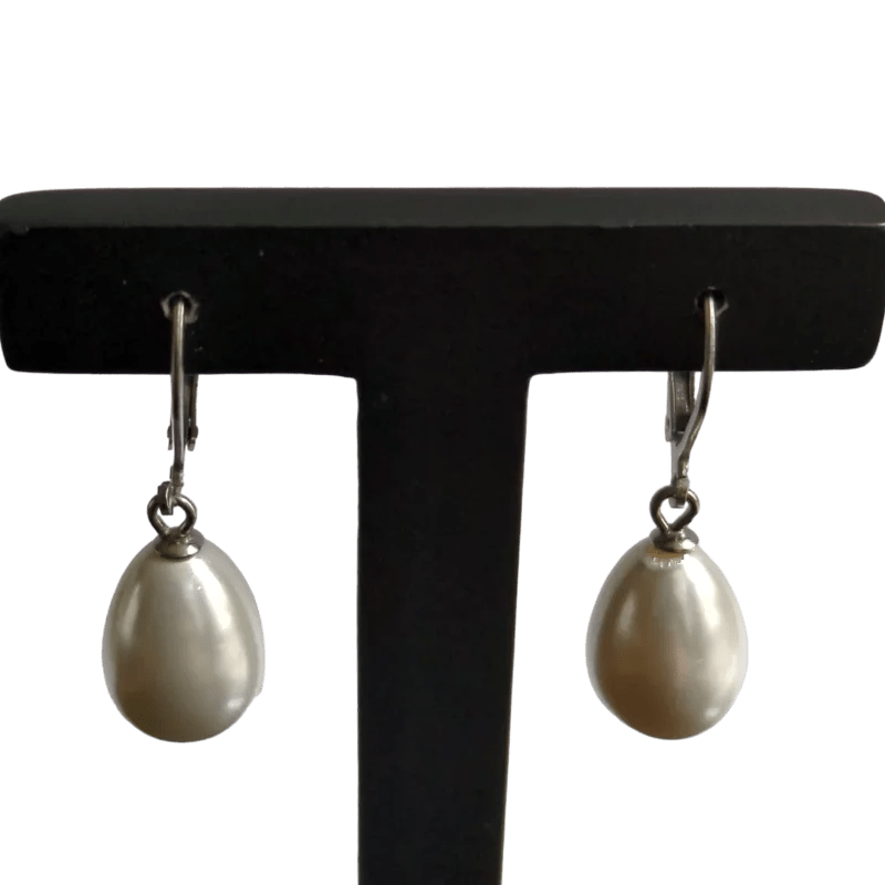 Zilverkleurige Stalen Parel Oorhangers - Wit -