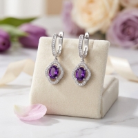 925 Zilveren Bloem Oorringen 10mm - Elegante Hoepels met Bloem Bedel - Paars -