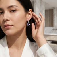 925 Zilveren Bloem Oorringen 10mm - Elegante Hoepels met Bloem Bedel - Paars -