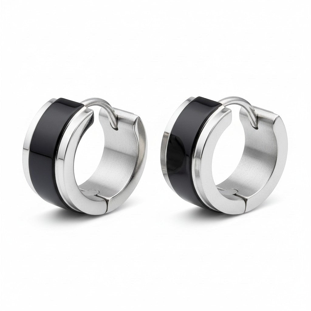 Oorringen &acirc;&euro;&ldquo; Bicolor RVS Glans Zwart/Zilver (13x7mm) -