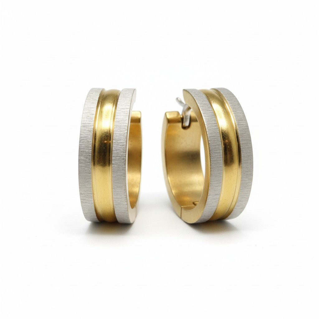 Oorringen &acirc;&euro;&ldquo; Mat Bicolor RVS Zilver/Goud Streepjes (20x7mm) -