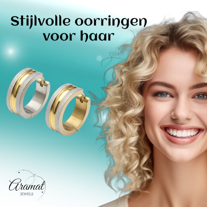 Oorringen &acirc;&euro;&ldquo; Mat Bicolor RVS Zilver/Goud Streepjes (20x7mm) -