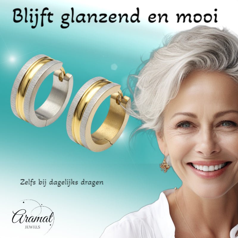 Oorringen &acirc;&euro;&ldquo; Mat Bicolor RVS Zilver/Goud Streepjes (20x7mm) -