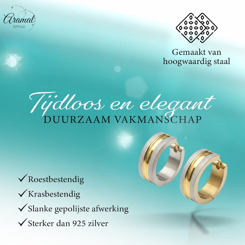 Oorringen &acirc;&euro;&ldquo; Mat Bicolor RVS Zilver/Goud Streepjes (20x7mm) -