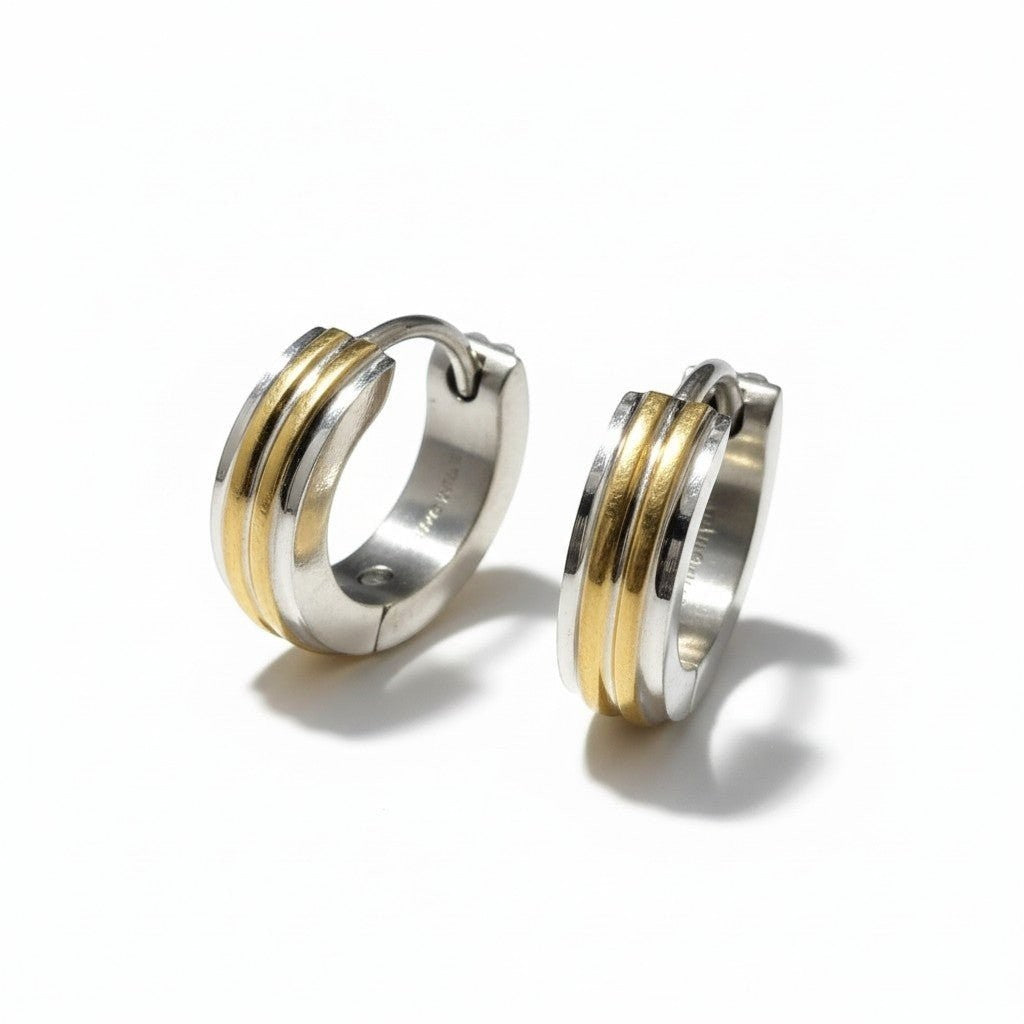 Oorringen &acirc;&euro;&ldquo; Smalle Bicolor RVS Zilver/Goud Streepjes (13x4mm) -