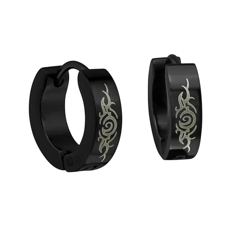 Tribal Huggies - Zwarte Oorringetjes van RVS - 14mm -