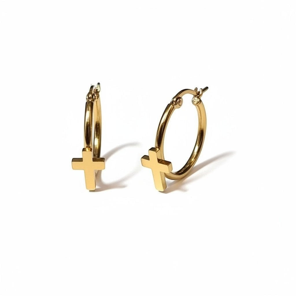 Goudkleurige Hoops RVS met Kruisje - 25mm -