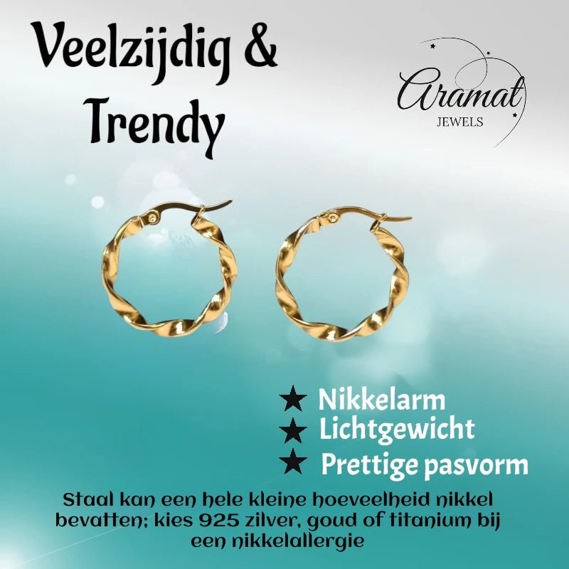Goudkleurige RVS Wokkeloorringen Gedraaid - 25 mm -
