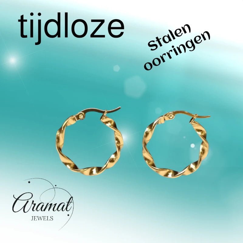 Goudkleurige RVS Wokkeloorringen Gedraaid - 25 mm -