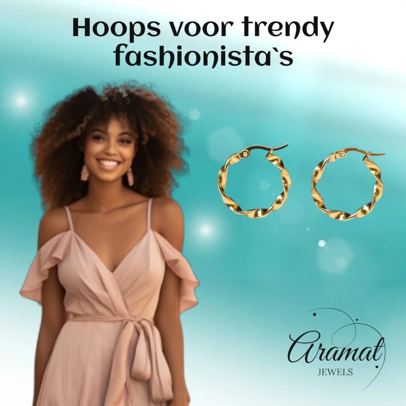 Goudkleurige RVS Wokkeloorringen Gedraaid - 25 mm -