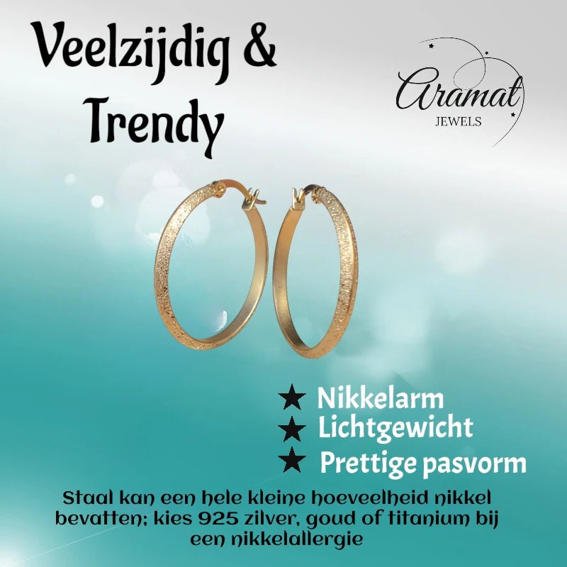 Goudkleurige Matte RVS Oorringen Sandblasted - 23 mm -