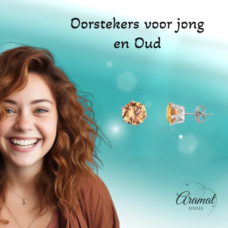 Stalen Oorstekers met Champagne Zirkonia - Rond - 3mm -