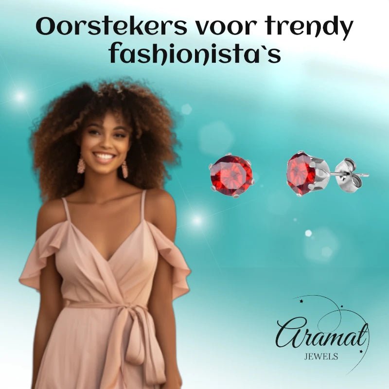 Zilverkleurige RVS Oorstekers met Rode Zirkonia - Rond - 3mm -